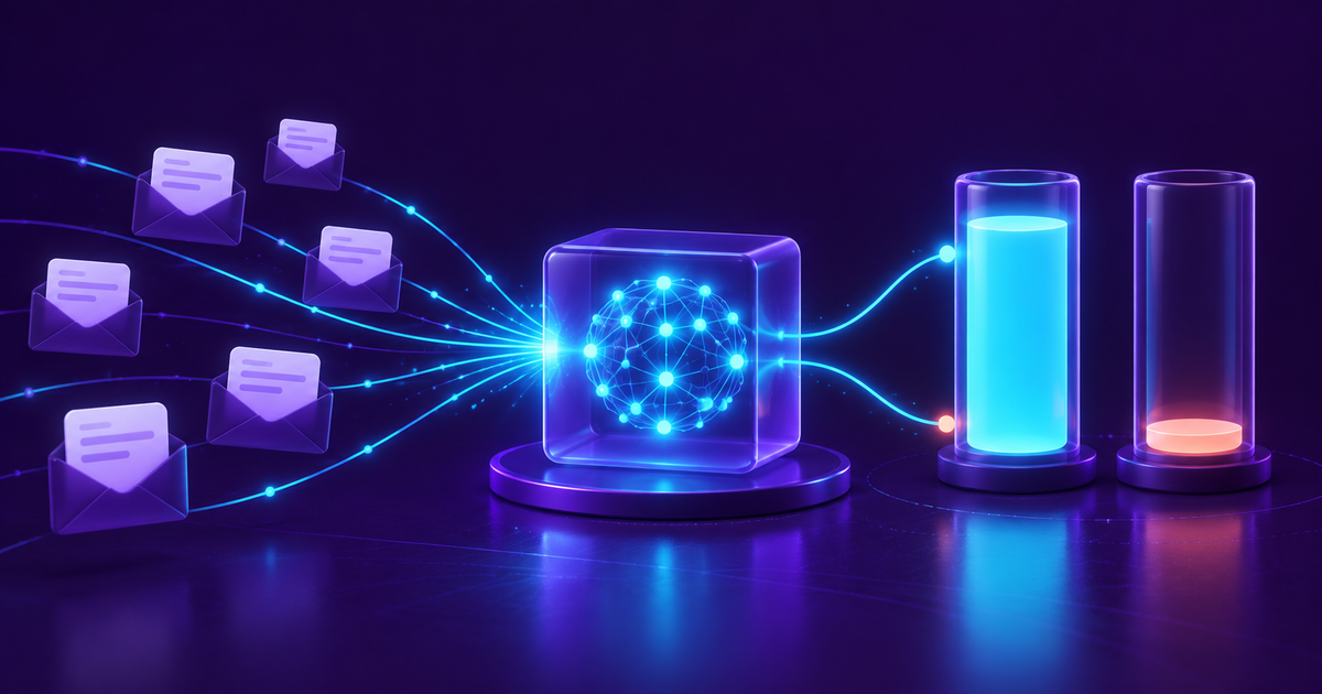 Rascunhos de e-mail quase idênticos passando por um núcleo de inteligência artificial e saindo em dois medidores, um cheio e outro quase vazio