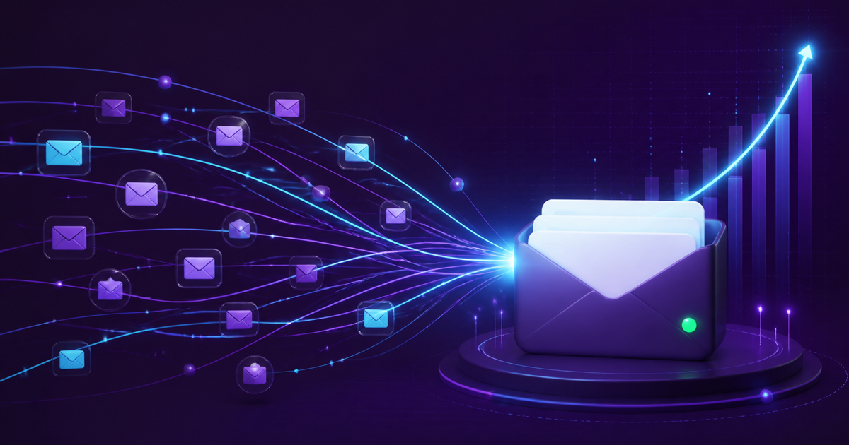 Fluxos de e-mail chegando a uma caixa de entrada ativa diante de um gráfico ascendente